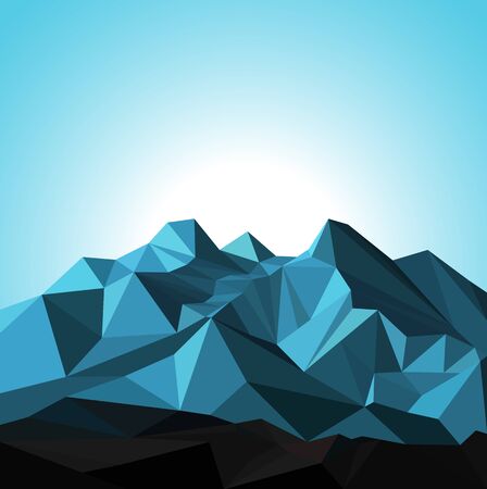 Snow mountains peak banner. Polygonal art. Blue tones of mountains. Blue sky.の写真素材