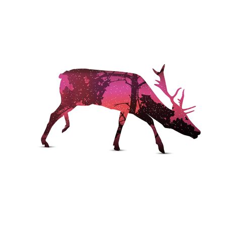 Silhouette of snarling elk with violet (summer) landscape.の写真素材