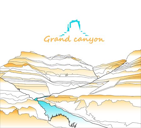 Western desert. Rocks.  Outlines badge. White, yellow and blue tones. Minimalism.のイラスト素材