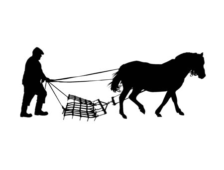 Silhouette of country man plowing by horse.の写真素材