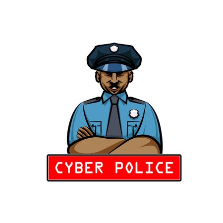Dark skinned cyber police officer in uniform. Alarm screen icon.の写真素材