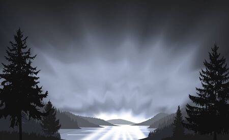 Wild terrain background. Lake (river) and pine forest. Sunset.  Spring. Grayscale tones.のイラスト素材