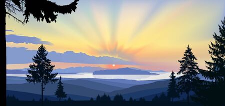 Wild terrain background. Lake (river) and pine forest. Sunset. Yellow and blue tones.のイラスト素材