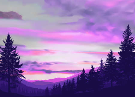 Nature background of mountains panorama. Colorful sunset in wild terrain. Cloudy sky. Blue and pink tones.のイラスト素材