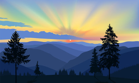 Nature background of mountains panorama. Colorful sunset in wild valley. Blue and yellow tones.のイラスト素材