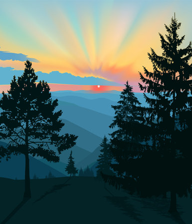 Nature background of mountains panorama. Colorful sunset in wild valley.のイラスト素材