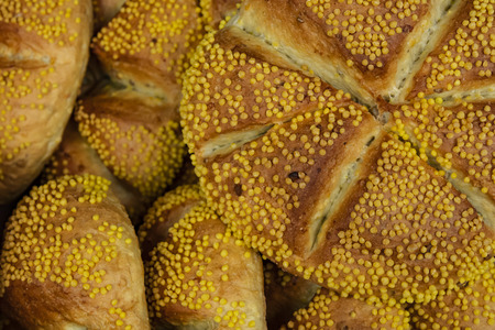 close up breads on market stallの写真素材