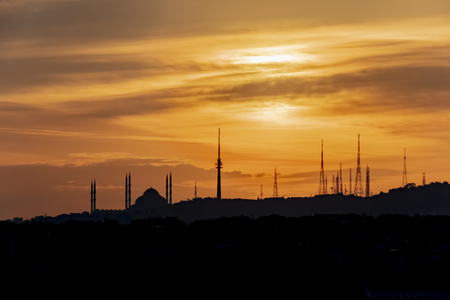 sunrise and city silhouette in istanbulの写真素材