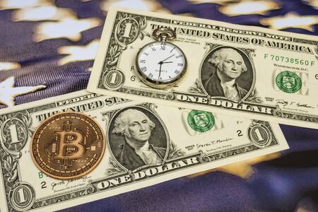 Bitcoin is an innovative payment network and a new type of currency. close up bitcoin coin on...