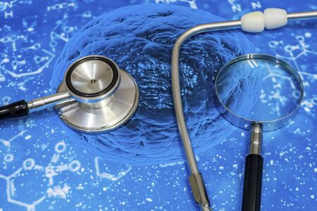 stethoscope, magnifier and bacteria, virus research