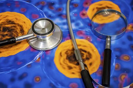 stethoscope, magnifier and bacteria, virus researchの写真素材