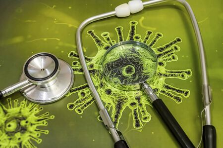 stethoscope, magnifier and bacteria, virus researchの写真素材