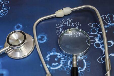 stethoscope, magnifier and bacteria, virus researchの写真素材