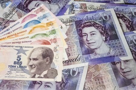 close up turkish lira banknotes on background.の写真素材