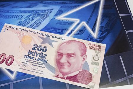 close up turkish lira banknotes on background.
