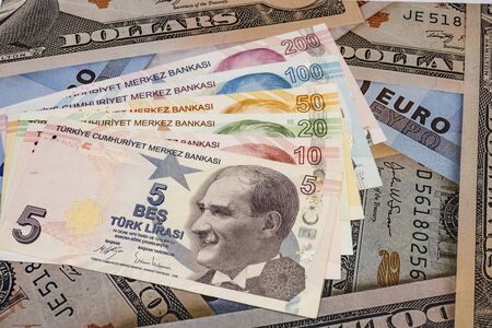 close up turkish lira banknotes on background.