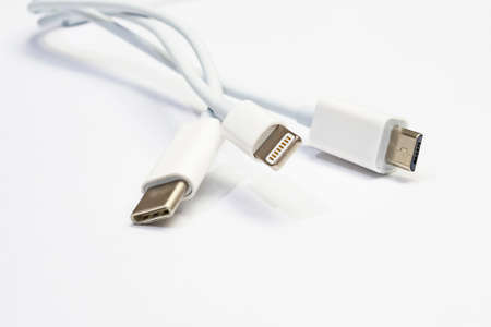 istanbul,turkey-june 10,2020. close up electronic device chargers on white backgroundのeditorial素材