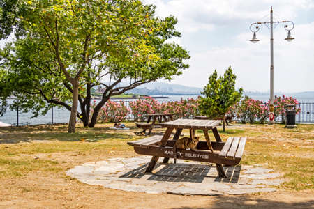 istanbul,turkey-july 4,2020.bench on the coast and seascape in fenerbahce public park.