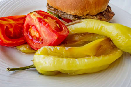 hamburger with green peppers and tomatoes on a plate
