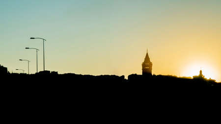 galata tower silhouette at sunriseの写真素材