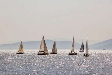 Marmara Sea,istanbul,Turkey-October 4,2020.Seascape and Boats on the Marmara Sea at summer season in Istanbul Cityのeditorial素材