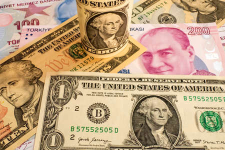 USA dollar and Turkish Lira banknotes
