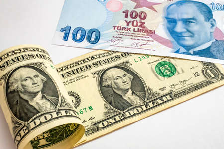 USA dollar and Turkish Lira banknotesの写真素材