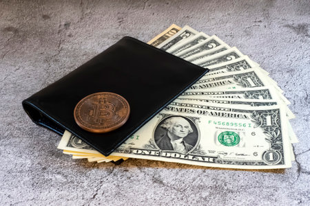 istanbul,Turkey-December 18,2020.close up bitcoin coin with wallet and currency banknotesのeditorial素材