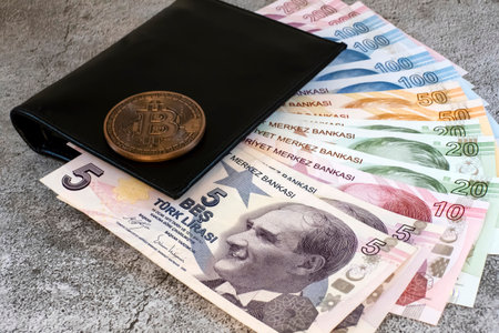 istanbul,Turkey-December 18,2020.close up bitcoin coin with wallet and currency banknotes