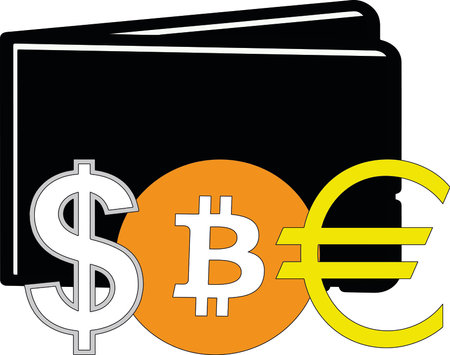 US dollar, Bitcoin coin and Euro signs with wallet on background.のイラスト素材