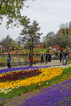Emirgan, istanbul, Turkey-april 28,2021. Tulip festival organized in Istanbul.The tulip festival view from Emirgan park with its visitors in april and spring season.のeditorial素材