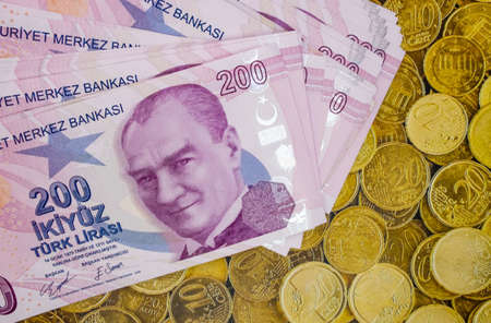 istanbul, turkey-april 29,2021.200 turkish lira banknotes for financial and economic indicators.のeditorial素材