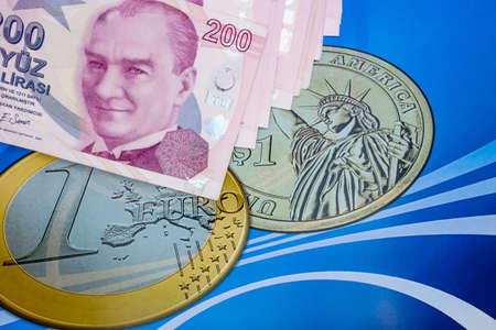 istanbul, turkey-april 29,2021.200 turkish lira banknotes for financial and economic indicators.のeditorial素材