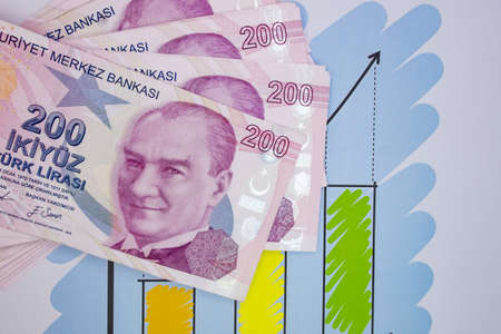 istanbul, turkey-april 29,2021.200 turkish lira banknotes for financial and economic indicators.のeditorial素材