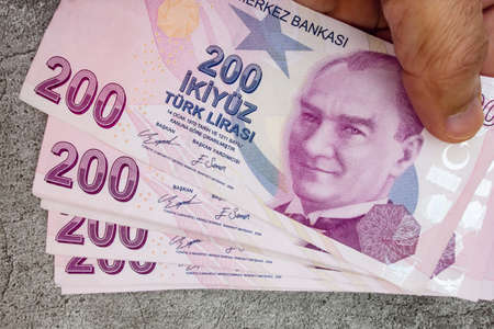 istanbul, turkey-april 29,2021.200 turkish lira banknotes for financial and economic indicators.のeditorial素材