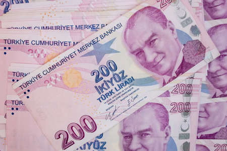 istanbul, turkey-april 29,2021.200 turkish lira banknotes for financial and economic indicators.のeditorial素材