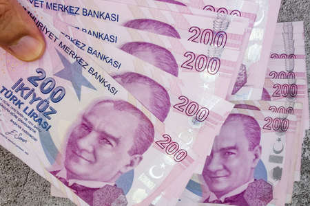 istanbul, turkey-april 29,2021.200 turkish lira banknotes for financial and economic indicators.のeditorial素材