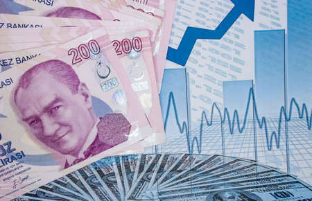 istanbul, turkey-april 29,2021.200 turkish lira banknotes for financial and economic indicators.