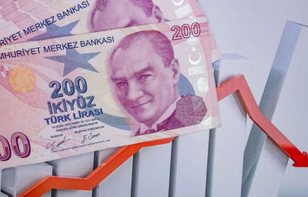 istanbul, turkey-april 29,2021.200 turkish lira banknotes for financial and economic indicators.のeditorial素材