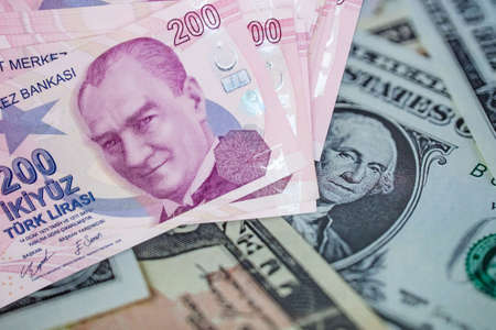 istanbul, turkey-april 29,2021.200 turkish lira banknotes for financial and economic indicators.のeditorial素材