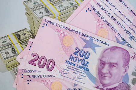 istanbul, turkey-april 29,2021.200 turkish lira banknotes for financial and economic indicators.のeditorial素材