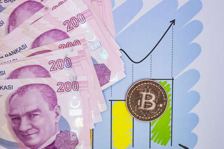 istanbul, turkey-april 29,2021.Turkish lira banknotes and bitcoin coin on background.のeditorial素材