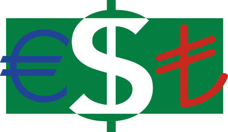 Close up US dollar, Euro and Turkish lira signs.のイラスト素材