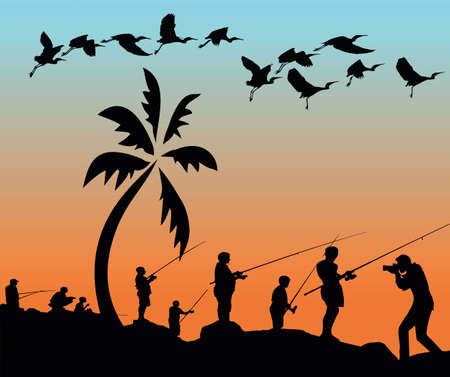 sunrise and fishermen silhouette with birds in natureのイラスト素材