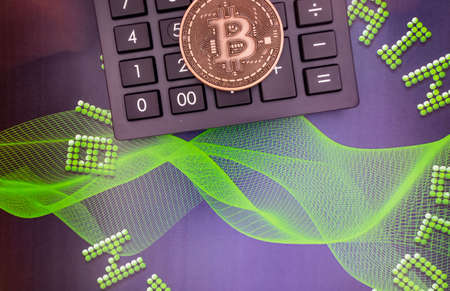 istanbul, turkey-may 21,2021.cryptocurrency mining and bitcoin coin for finance and economy with calculator.のeditorial素材