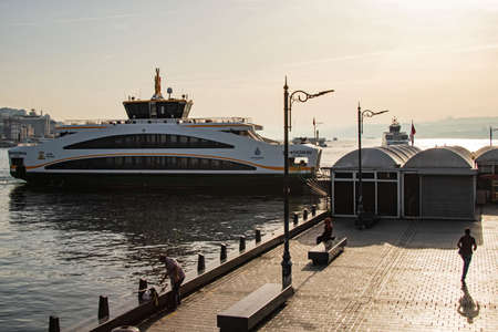 istanbul, turkey-may 24,2021.city lines ferries at eminonu pier in early morning timeのeditorial素材