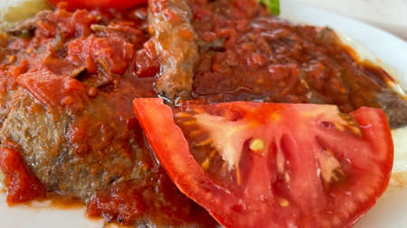 delicious traditional turkish meal delicacies, iskender kebab with yoghurtの写真素材