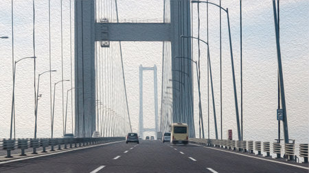 izmit,turkey-november 13,2021.car crossing over osmangazi bridge in the early morningのeditorial素材