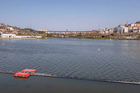 Halic,istanbul,Turkey.March 25,2022.Views from the Golden Horn shore with its green parks,...