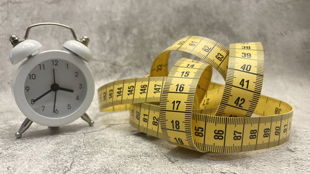 Tape measure and clock on gray floor and background
